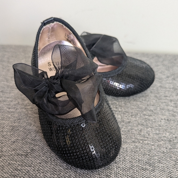 🆕 Stuart Weitzman Baby Bling Black Sparkly Sequin Shoes Organza Bow Size 3 - Picture 8 of 9
